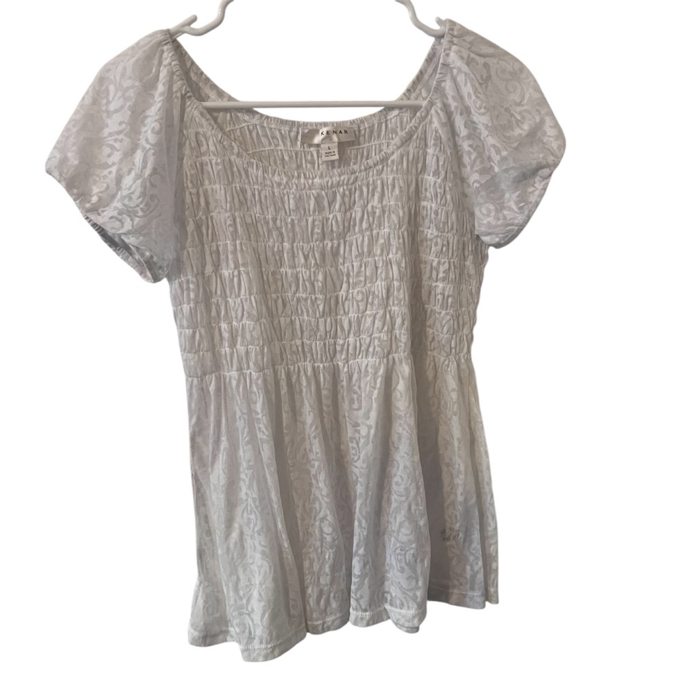 Kenar Short Sleeve Blouse Smocked White Ivory Large